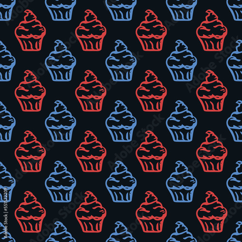 Seamless cake pattern. Sweets and candy background. Doodle vector illustration with sweets and candy icons