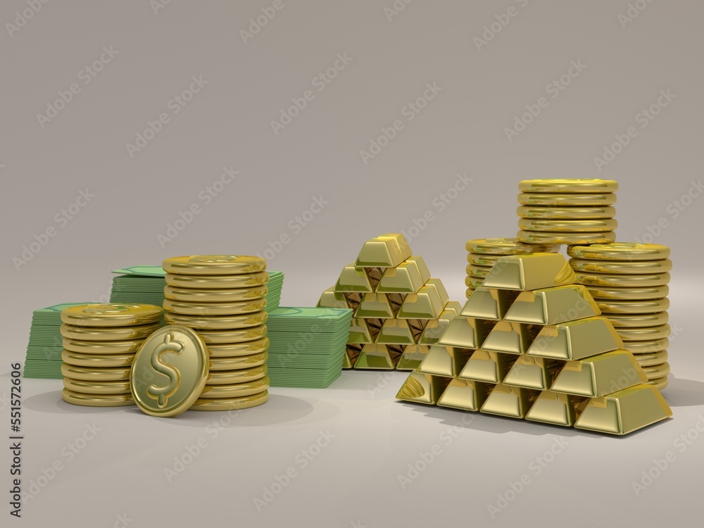 Gold, gold coins and green paper coins. 3d illustration. Business, finance, investment, wealth, saving. Gold, gold coins and green paper coins. 3d illustration. Business, finance, investment, wealth, saving.