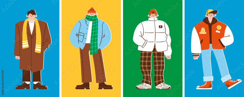 Fototapeta premium Male winter or autumn fashion set. Vector illustration of stylish men wearing casual clothes such as coats, jackets, scarves. Trendy winter outerwear in cute flat style.