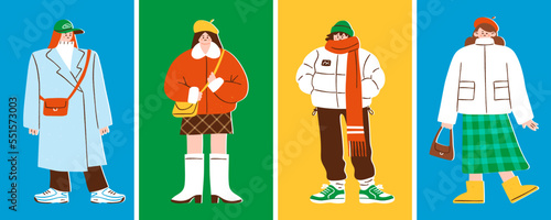 Female winter or autumn fashion set. Vector illustration of girls wearing warm clothes like coats, jackets, hats ans scarves. Casual street style.