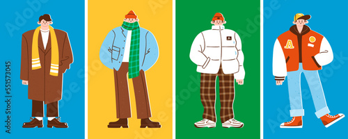 Male winter or autumn fashion set. Vector illustration of stylish men wearing casual clothes such as coats, jackets, scarves. Trendy winter outerwear in cute flat style.