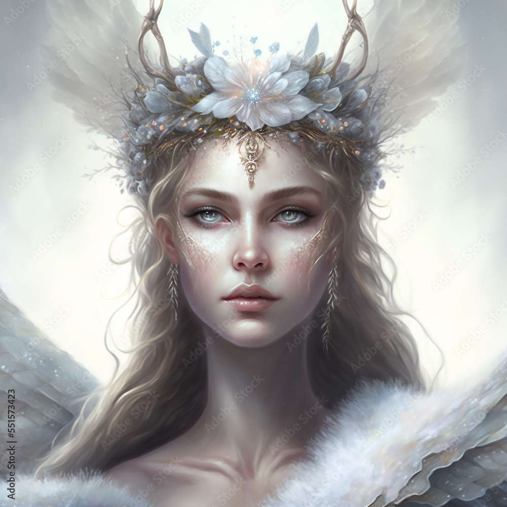 Fantasy Winter Queen, close-up digital portrait of a beautiful woman with  floral headpiece and long blond hair, blue eyes, pale skin. AI generated art.  Stock Illustration | Adobe Stock