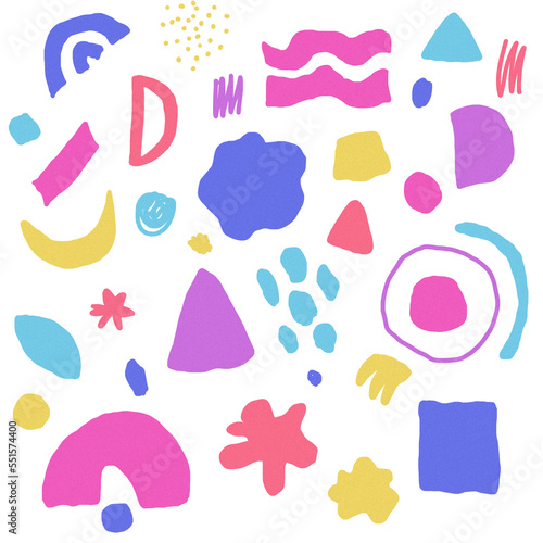 abstract hand drawn pattern with a set of objects in bright colors.Spots, lines and dots.
