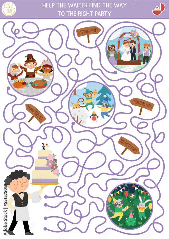 Wedding maze for kids with different parties. Marriage ceremony preschool printable activity. Matrimonial labyrinth game, puzzle. Help the waiter bring the cake to the right holiday