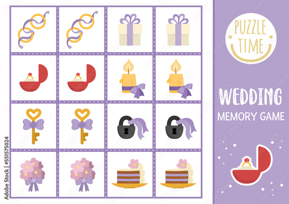 Vector wedding memory game cards with cute traditional symbols. Marriage ceremony matching activity. Remember and find correct card. Simple printable worksheet for kids.