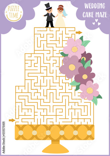 Wedding maze for kids with big cake, bride and groom figurines. Marriage ceremony preschool printable activity. Matrimonial labyrinth game, puzzle with dessert and flowers.