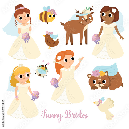 Vector brides set. Cute just married girls wearing white dresses, veils, accessory. Wedding ceremony icons. Cartoon marriage newly married woman, animals, birds. Cute lady collection.