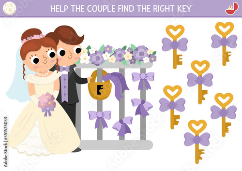 Find the right key for the lock. Wedding matching activity for children. Marriage ceremony education quiz worksheet for kids for attention skills. Simple printable game with bride and groom.