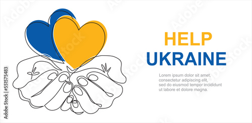Help Ukraine. Continuous one line drawing of Hands and hearts