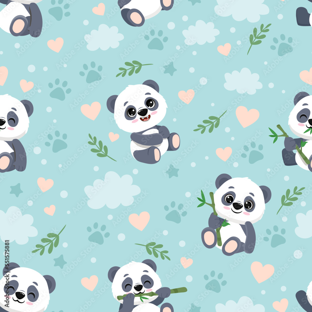Cartoon panda seamless pattern background, happy cute panda with cloud heart and bamboo.Vector illustration Cartoon panda seamless pattern background, happy cute panda with cloud heart and bamboo.Vector illustration