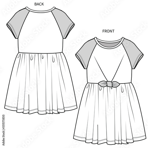 KNIT DRESS WITH PLEATED FRONT AND BOW DETAIL FOR KID GIRLS IN EDITABLE VECTOR