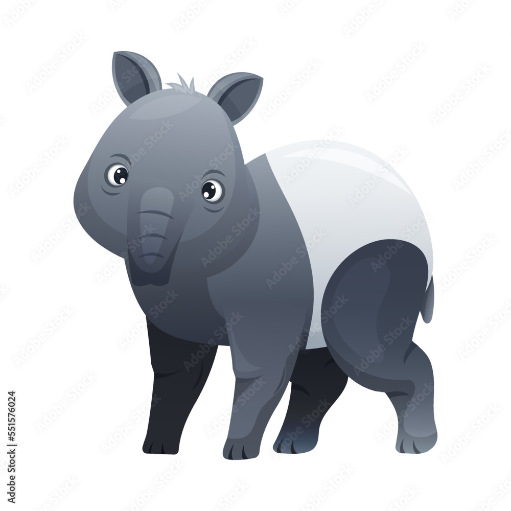 Cute Malayan Tapir Standing as Asian Animal with White Patch and Short Nose Trunk Vector Illustration Cute Malayan Tapir Standing as Asian Animal with White Patch and Short Nose Trunk Vector Illustration