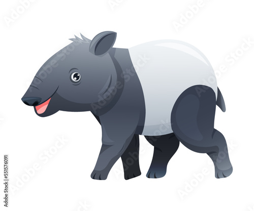 Cute Malayan Tapir Walking as Asian Animal with White Patch and Short Nose Trunk Vector Illustration