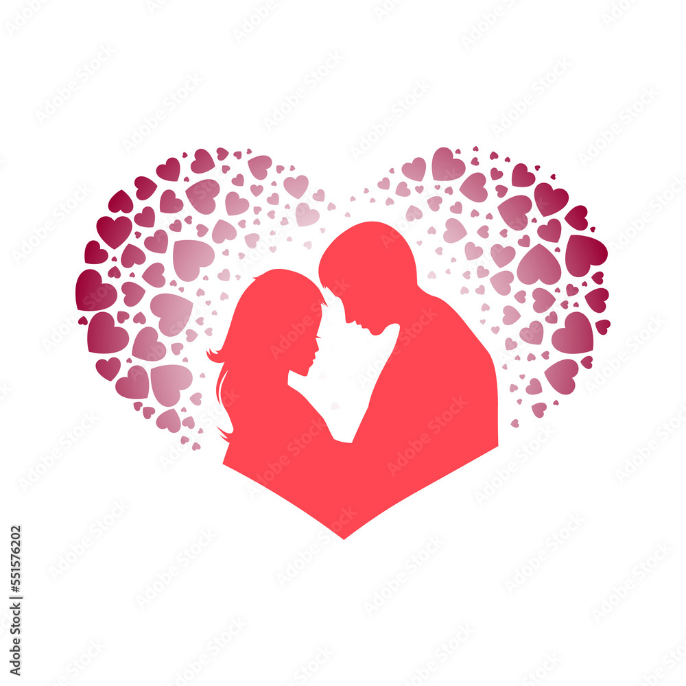 Illustration with a silhouette of a heart, a guy and a girl, design element Illustration with a silhouette of a heart, a guy and a girl, design element