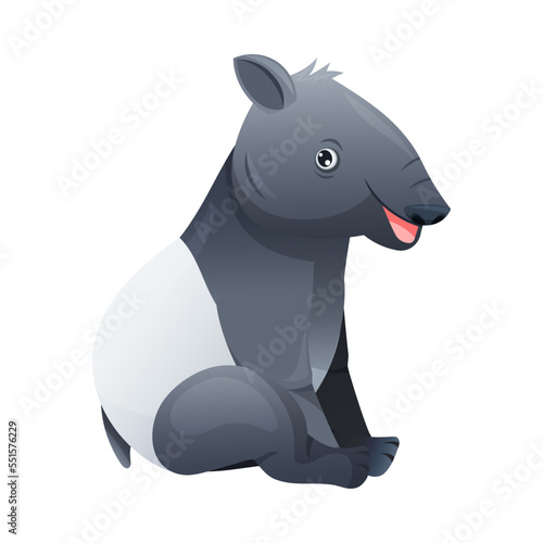 Cute Malayan Tapir Sitting as Asian Animal with White Patch and Short Nose Trunk Vector Illustration