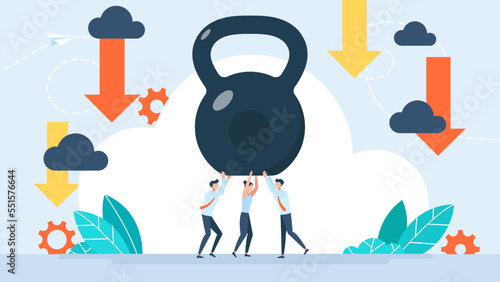 Businesspeople hold a huge weight on shoulders. Sad man and woman carrying heavy kettlebell. Duty, debt, difficult, burden, office hardship. Problem in economic crisis. Hard work. Vector illustration