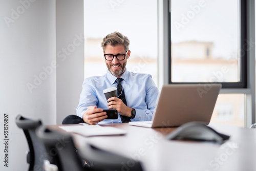 Professional businessman using cellphone and laptop while sitting at the office