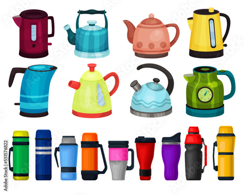 Teapot, Kettle and Thermocup for Pouring and Boiling Liquid Big Vector Set