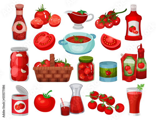 Red Tomato Food with Raw Vegetable and Canned Product Vector Set