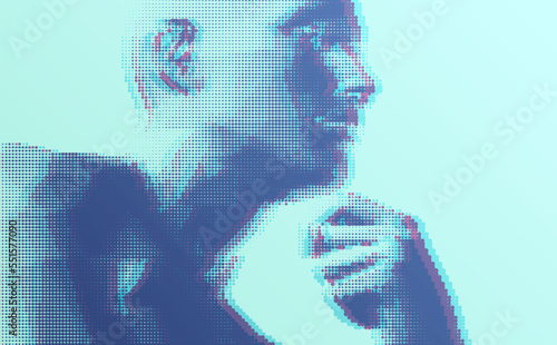 Time to think. Man with his fist under his chin. Searching for answers. Stipple effect. Minimalistic design for business presentations, flyers or posters. 3D human body model composed of particles.