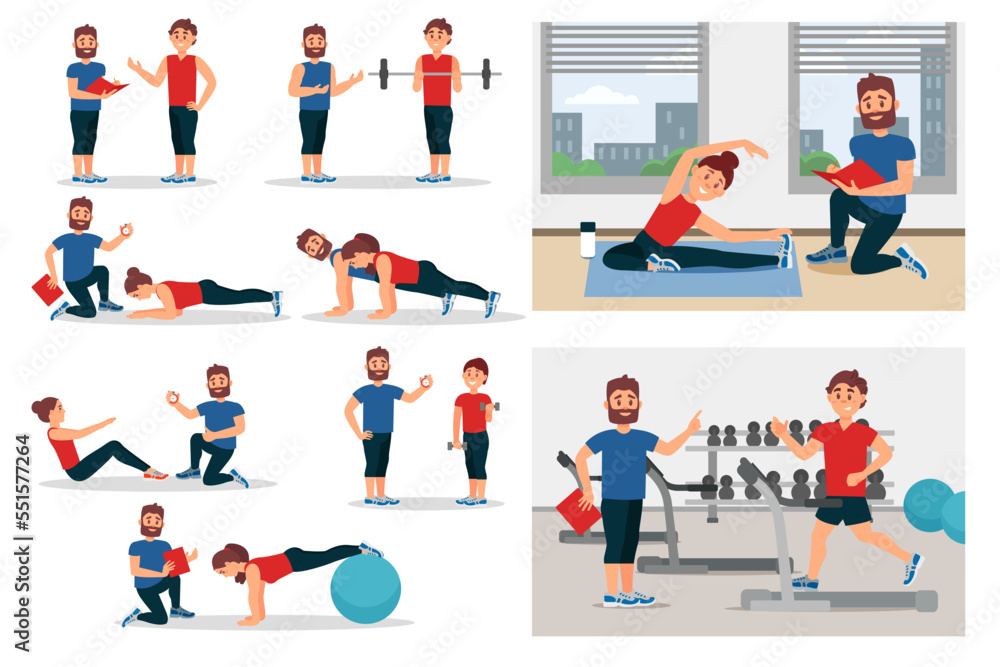 Personal Gym Coach or Trainer Training People Giving Instruction Big Vector Set Personal Gym Coach or Trainer Training People Giving Instruction Big Vector Set