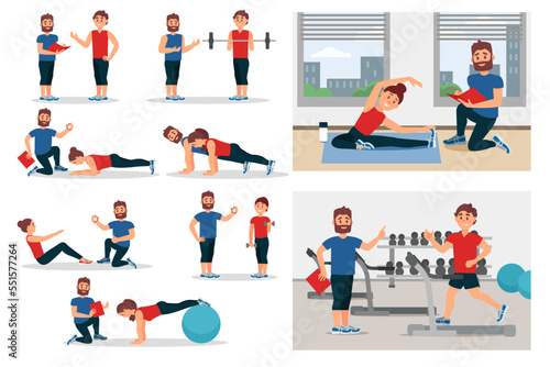 Personal Gym Coach or Trainer Training People Giving Instruction Big Vector Set