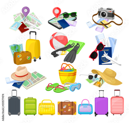 Travel Stuff with Suitcase and Accessories with Map, Camera, Passport and Hat Big Vector Set
