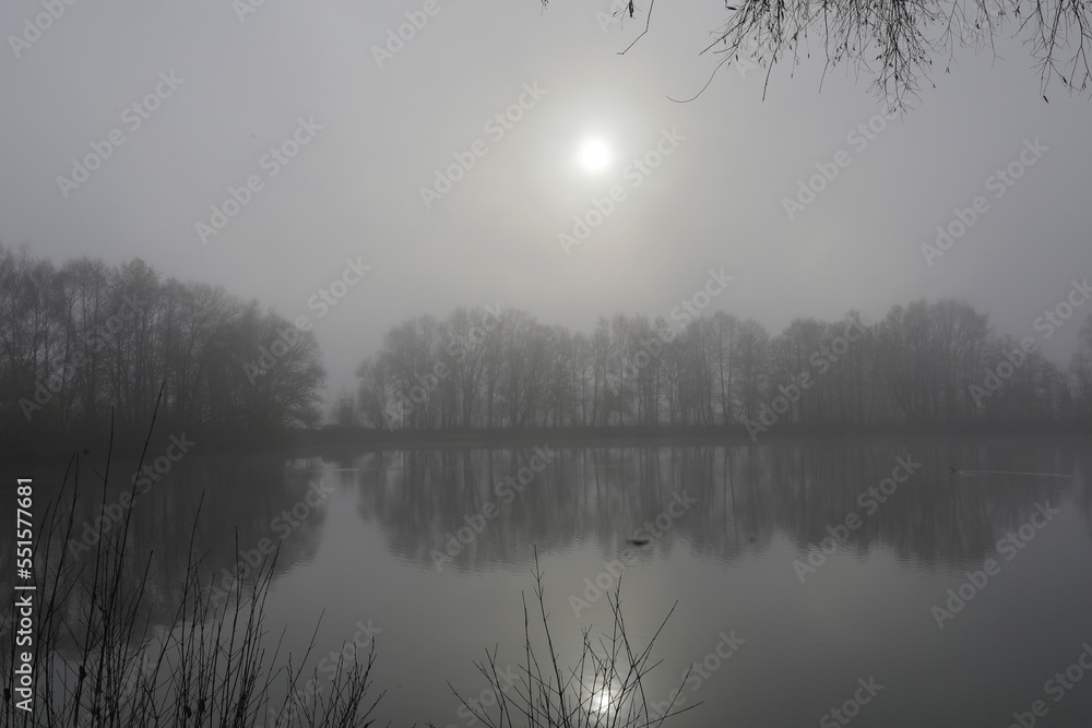Landschaft mit See im Nebel, Bayern, Deutschland, Europa