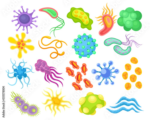 Virus and Microbes of Different Shape with Flagella Big Vector Set