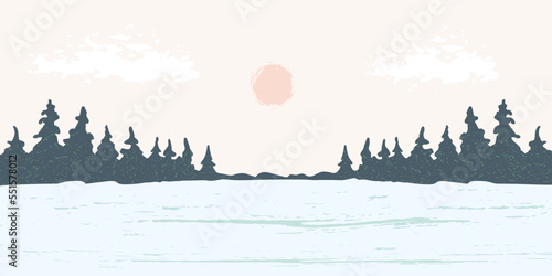 Simple vector color drawing. Winter landscape, northern nature. Coniferous trees on the horizon, a snowy field, the sun in the sky.