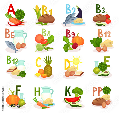 Food Enriched with Different Vitamins and Minerals Big Vector Set