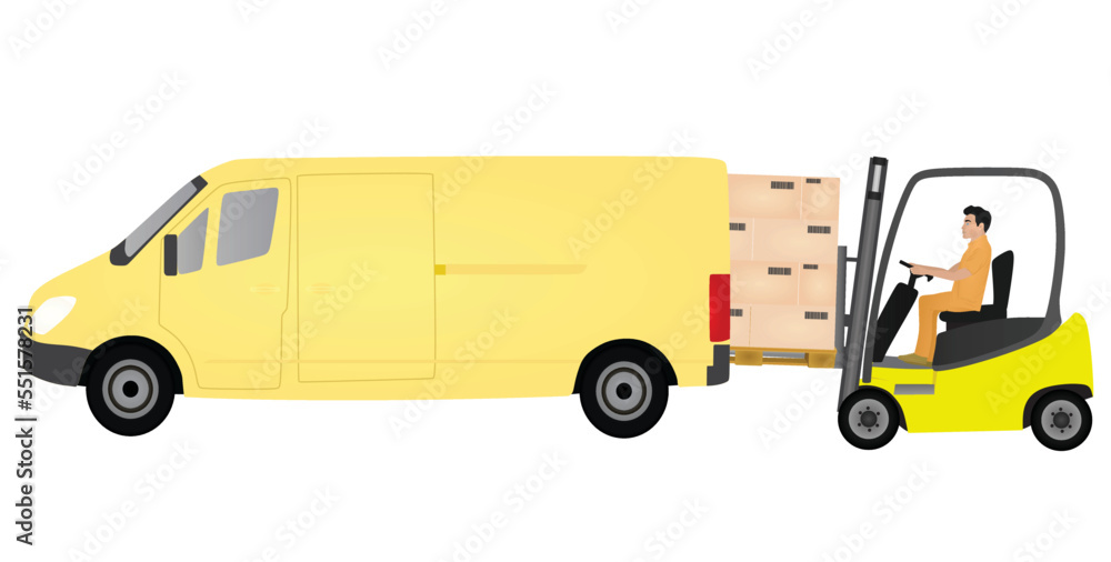 Forklift loading container to delivery truck. vector illustration Forklift loading container to delivery truck. vector illustration