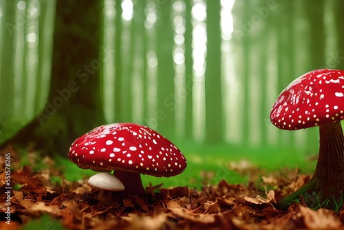 1662979103-mdjrny-v4 style Fly Agaric red and white poisonous mushroom or toadstool background in the forest_ ### frame, border, 