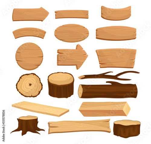 Wooden Signboard and Wood Material with Log, Tree Stump and Plank Big Vector Set