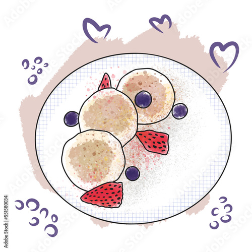 Appetizing syrniki with fruit, european cuisine, doodle