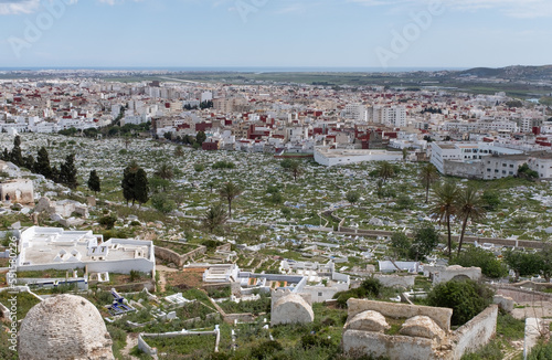 Tetuan Cemetery, seen from above, the city and the sea can be seen in the background. photo