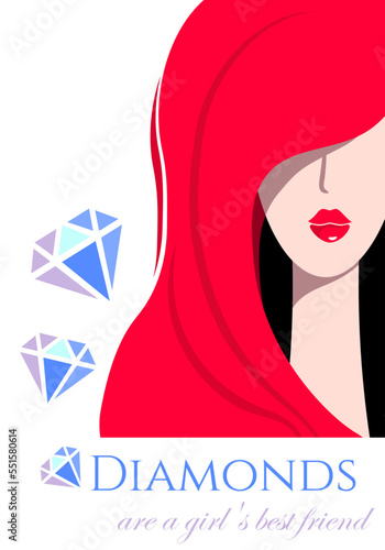Red-haired girl, a set of rimless diamonds on a white background and lettering