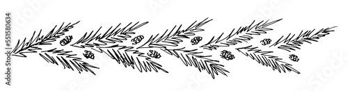 Long garland of coniferous branches and cones. Border for Christmas decor. A simple hand-drawn vector illustration.