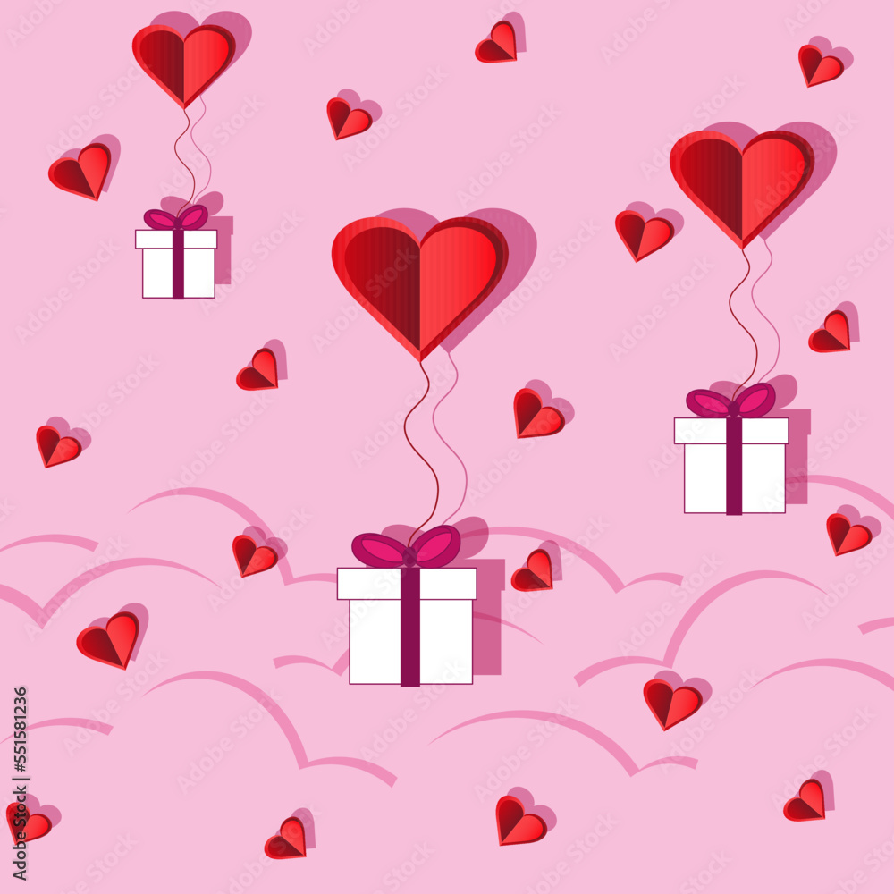 Cut out picture with red 3d heart, gift box on ribbon and viva magenta clouds on pink background. Valentine day concept. Marketing material, sale banner.
