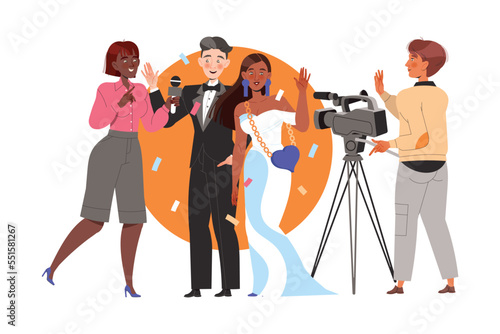 Woman Journalist Taking Interview with Happy Couple Celebrity at Luxurious Event Vector Illustration
