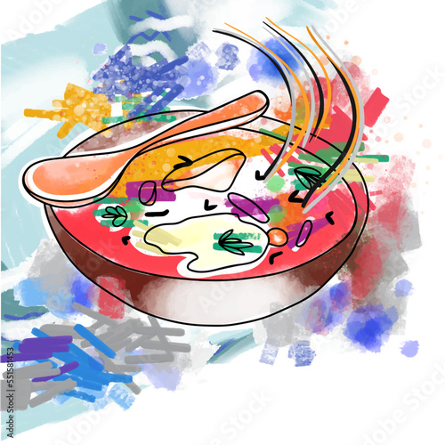 Illustration with wet brush strokes, delicious and bright borscht