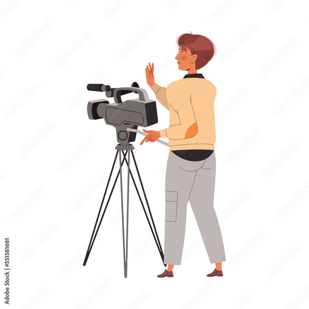 Cameraman Standing with Professional Camera on Tripod Shooting and Recording Vector Illustration