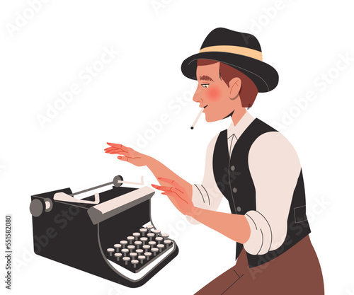 Man Writer in Hat with Cigarette at Typewriter Engaged in Writing Process Creating Plot Vector Illustration
