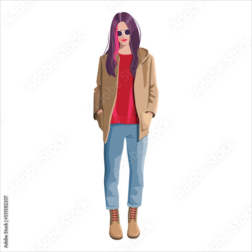 Beautiful young girl with colored hair in blue jeans, boots, jacket and red sweater on white background