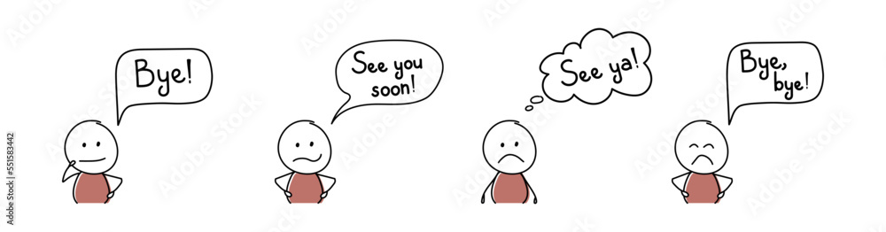 Unhappy cartoon people with text - bye, see ya, see you soon. Vector Unhappy cartoon people with text - bye, see ya, see you soon. Vector