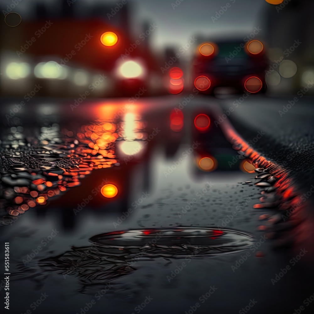 Defocused background of lights and reflections on a road. 