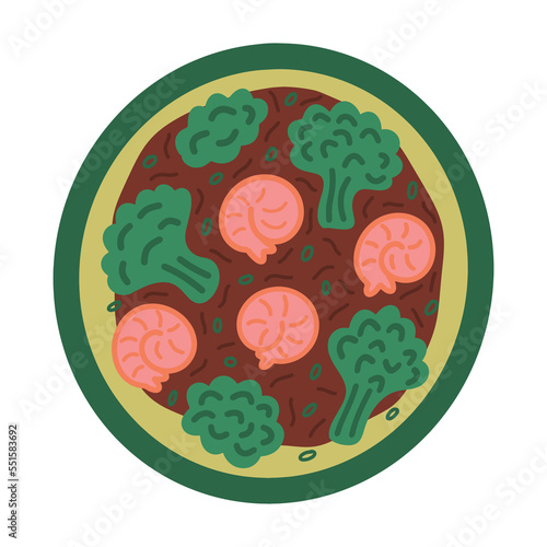 Shrimp and Broccoli with brown sauce - Chinese traditional dish. Simple hand drawn doodle vector illustration. Asian food plate