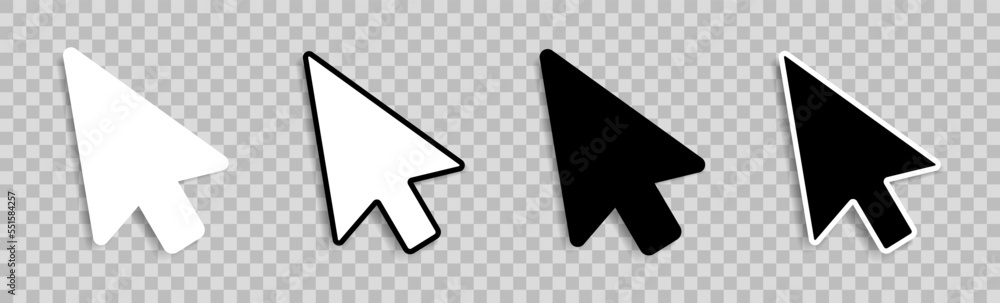 Mouse pointer icons with a shadow on a transparent background. A set of four cursor pointers. Vector illustration. Mouse pointer icons with a shadow on a transparent background. A set of four cursor pointers. Vector illustration.