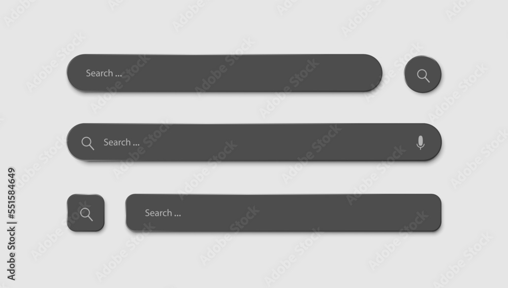 Three search strings of different shapes on a light gray background. A set of Realistic search icons. Vector illustration. Three search strings of different shapes on a light gray background. A set of Realistic search icons. Vector illustration.