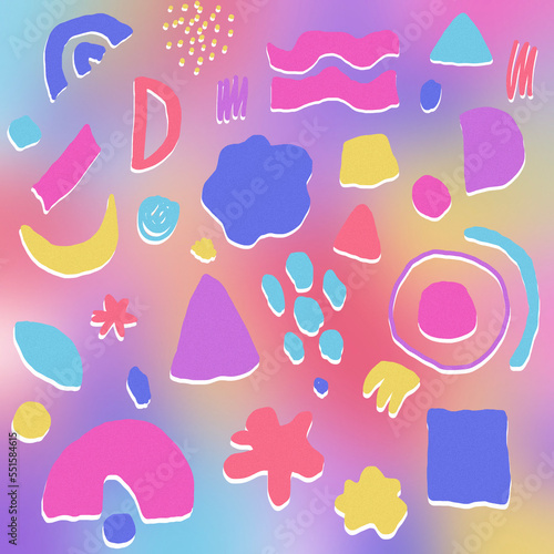abstract hand drawn pattern with a set of objects in bright colors on gradient background. . Spots, lines and dots. print for textile or cover